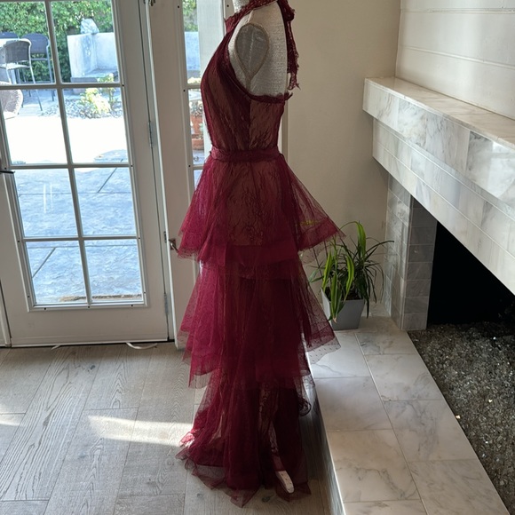 Luxxel Wine Tiered Lacey Tule Maxi Halter Maxi Size Small - Picture 7 of 16